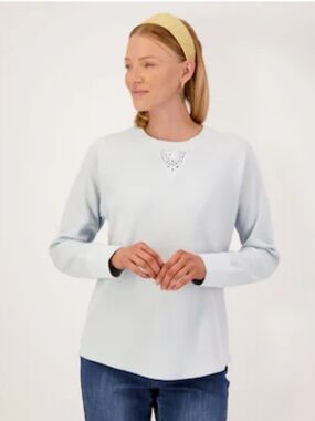C&C XL Skyway Blue Crew Crochet Inset Waffle Knit Cotton Blend Long Sleeve Top